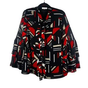 Calvin Klein Blouse Womens Black Red Geometric Tie Neck Bell Sleeve Size L